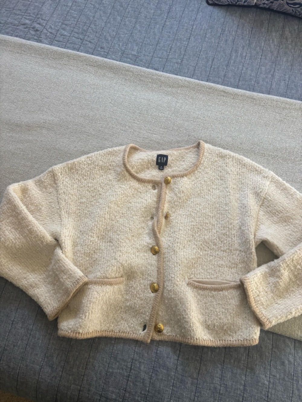 GAP Cream Bouclé Knit Cardigan with Gold Buttons